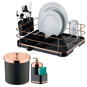 Kit Cozinha 3 Peças Escorredor Louça Talheres Lixeira 5L Dispenser Detergente Preto Rose Gold - Future