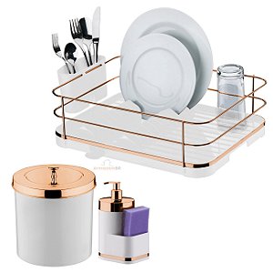 Kit Cozinha 3 Peças Escorredor Louça Talheres Lixeira 5L Dispenser Detergente Branco Rose Gold - Future