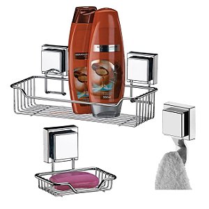 Kit Banheiro 3 Peças Suporte Porta Shampoo Saboneteira Gancho Multiuso Ventosa Aço Inox - Future