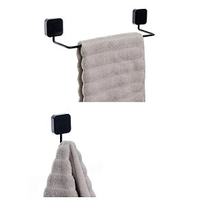 Kit Toalheiro Suporte Porta Toalha Gancho Cabide Multiuso De Parede Preto - Metaltru