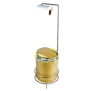 Kit Suporte Porta Papel Higiênico Lixeira 5L Cesto Lixo Tampa Basculante Banheiro Dourado - AMZ - Dourado