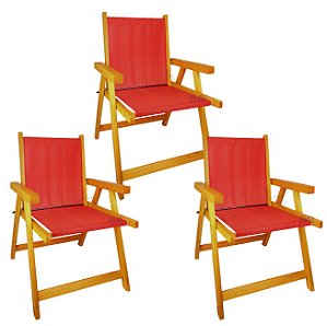 Kit 3 Cadeira De Madeira Dobrável Para Lazer Jardim Praia Piscina Camping Vermelho - AMZ - Vermelho