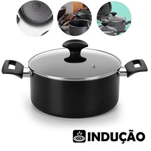 Panela Caçarola Ø22cm Fogão Indução Alumínio Antiaderente Tampa Cozinha - 44222 Multiflon - Preto