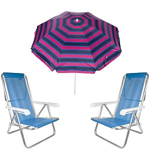 Kit Guarda Sol 1,8m Ipanema Pink Cadeira 8 Posições Alumínio Sannet Praia Piscina Camping - Azul