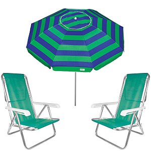 Kit Guarda Sol 2m Aruba Verde Cadeira 8 Posições Alumínio Sannet Praia Piscina Camping - Verde