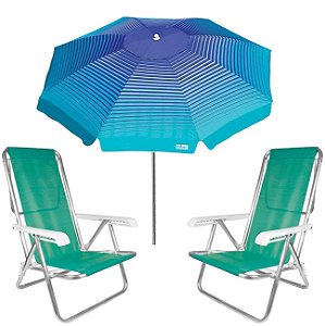 Kit Guarda Sol 2,2m Articulado Cancun Azul Cadeira 8 Posições Alumínio Sannet Praia Piscina Camping - Verde