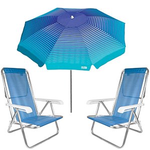 Kit Guarda Sol 2,2m Articulado Cancun Azul Cadeira 8 Posições Alumínio Sannet Praia Piscina Camping - Azul
