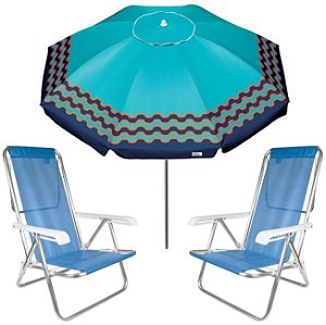 Kit Guarda Sol 2,4m Articulado Ibiza Turquesa Cadeira 8 Posições Alumínio Sannet Praia Piscina Camping - Azul