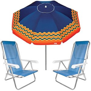 Kit Guarda Sol 2,4m Articulado Ibiza Azul Marinho Cadeira 8 Posições Alumínio Sannet Praia Piscina Camping - Azul