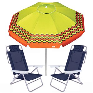 Kit Guarda Sol 2,4m Articulado Ibiza Cadeira Reclinável Summer 6 Posições Alumínio Praia Jardim Camping Piscina - Verde