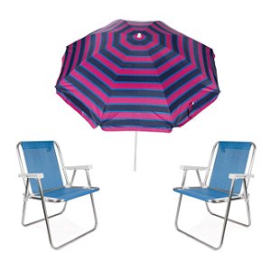 Kit Guarda Sol 1,8m Ipanema Pink Cadeira Alta Alumínio Sannet Praia Piscina Camping - Azul