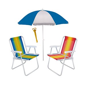 Kit 2 Cadeira Alta Alumínio + Guarda Sol 1,80 m Aço + Saca Areia - Mor - Azul