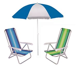 Kit Praia 2 Cadeira Reclinável 4 Posições Alumínio + Guarda Sol 1,80 m - Mor - Azul