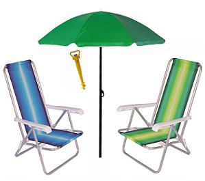 Kit 2 Cadeira Reclinável 4 Posições Alumínio + Guarda Sol 1,80 m Aço + Saca Areia - Mor - Verde Sort