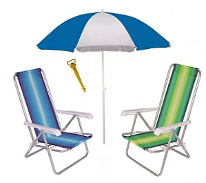 Kit 2 Cadeira Reclinável 4 Posições Alumínio + Guarda Sol 1,80 m Aço + Saca Areia - Mor - Azul