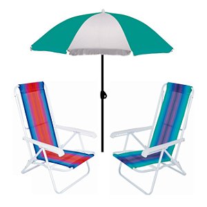 Kit Guarda Sol 1,8m Fashion 2 Cadeira Reclinável 8 Posições Aço Praia Camping Piscina - Mor - Verde