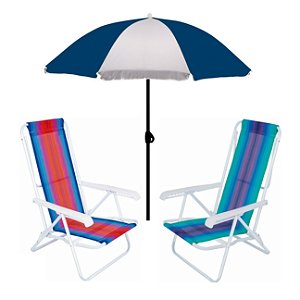 Kit Guarda Sol 1,8m Fashion 2 Cadeira Reclinável 8 Posições Aço Praia Camping Piscina - Mor - Azul Marinho
