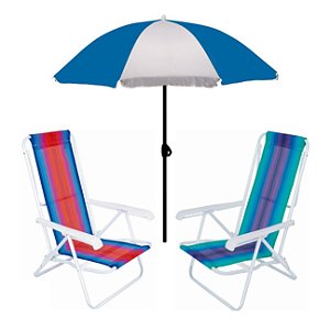 Kit Guarda Sol 1,8m Fashion 2 Cadeira Reclinável 8 Posições Aço Praia Camping Piscina - Mor - Azul