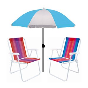 Kit Guarda Sol 1,8m Fashion 2 Cadeira Alta Aço Dobrável Praia Camping Piscina - Mor - Azul Claro
