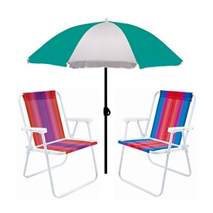Kit Guarda Sol 1,8m Fashion 2 Cadeira Alta Aço Dobrável Praia Camping Piscina - Mor - Verde