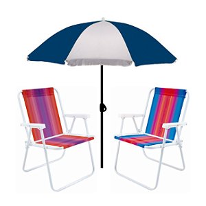 Kit Guarda Sol 1,8m Fashion 2 Cadeira Alta Aço Dobrável Praia Camping Piscina - Mor - Azul Marinho