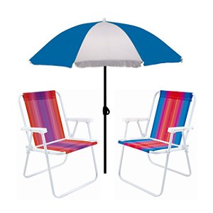 Kit Guarda Sol 1,8m Fashion 2 Cadeira Alta Aço Dobrável Praia Camping Piscina - Mor - Azul