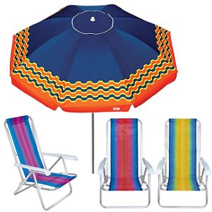 Kit Guarda Sol 2,4m Articulado Ibiza Azul Marinho 3 Cadeira 8 Posições Alumínio Praia Piscina Camping - Tobee