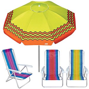 Kit Guarda Sol 2,4m Articulado Ibiza Verde Limão 3 Cadeira 8 Posições Alumínio Praia Piscina Camping - Tobee