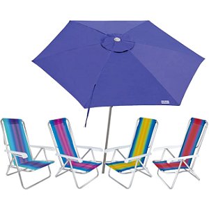 Kit Guarda Sol Ombrelone 2,4m Malibu Azul 4 Cadeira 8 Posições Alumínio Praia Piscina Camping - Tobee