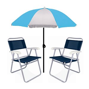 Kit Guarda Sol 1,8m Fashion 2 Cadeira Master Azul Aço Dobrável Praia Camping Piscina - Mor - Azul Claro