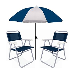 Kit Guarda Sol 1,8m Fashion 2 Cadeira Master Azul Aço Dobrável Praia Camping Piscina - Mor - Azul Marinho
