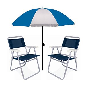 Kit Guarda Sol 1,8m Fashion 2 Cadeira Master Azul Aço Dobrável Praia Camping Piscina - Mor - Azul