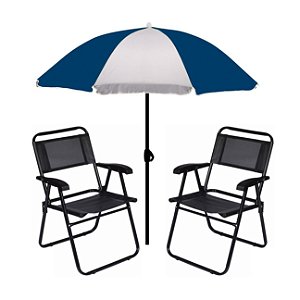 Kit Guarda Sol 1,8m Fashion 2 Cadeira Master Preto Aço Dobrável Praia Camping Piscina - Mor - Azul Marinho
