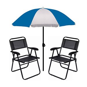 Kit Guarda Sol 1,8m Fashion 2 Cadeira Master Preto Aço Dobrável Praia Camping Piscina - Mor - Azul