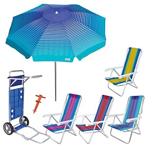 Kit Guarda Sol 2,2m Cancun Carrinho De Praia Avanço 4 Cadeira Reclinável 8 Posições Saca Areia - Tobee - Azul