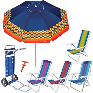 Kit Guarda Sol 2,4m Ibiza Carrinho De Praia Avanço 4 Cadeira Reclinável 8 Posições Saca Areia - Tobee - Azul Marinho