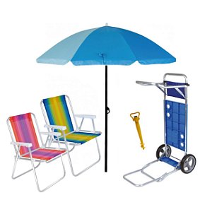 Kit Praia Carrinho Com Avanço + Guarda Sol + 2 Cadeira Alta Aluminio + Saca Areia - Mor - Azul Sort
