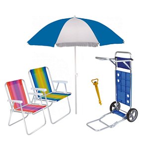 Kit Praia Carrinho Com Avanço + Guarda Sol + 2 Cadeira Alta Aluminio + Saca Areia - Mor - Azul