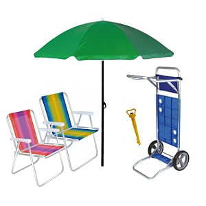 Kit Praia Carrinho + 2 Cadeira Alta Alumínio + Guarda Sol 1,8m + Saca Areia de Rosca - Mor - Verde Sort