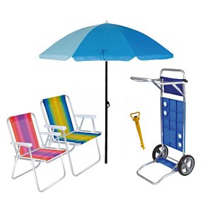 Kit Praia Carrinho + 2 Cadeira Alta Alumínio + Guarda Sol 1,8m + Saca Areia de Rosca - Mor - Azul Sort