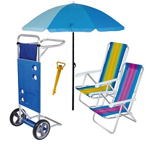 Kit Praia Carrinho De Praia + 2 Cadeira Reclinável + Guarda Sol + Saca Areia - Mor - Azul Sort