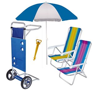 Kit Praia Carrinho De Praia + 2 Cadeira Reclinável + Guarda Sol + Saca Areia - Mor - Azul