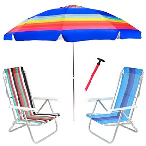 Kit Praia 2 Cadeira 8 Pos Alumínio Guarda Sol 2,4m Rainbow Saca Areia Pressão - Belfix - Sort3