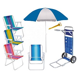 Kit Praia Carrinho C/ Avanço + 4 Cadeira Alum Alta + Guarda Sol 1,8m + Saca Areia - Mor - Azul Sort
