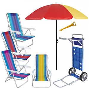 Kit Praia Guarda Sol 1,8m Carrinho Com Avanço 4 Cadeira Reclinável Alumínio 8 Posições Saca Areia - Mor - Vermelho Sort