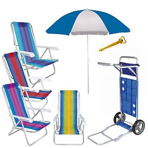 Kit Praia Guarda Sol 1,8m Carrinho Com Avanço 4 Cadeira Reclinável Alumínio 8 Posições Saca Areia - Mor - Azul Sort