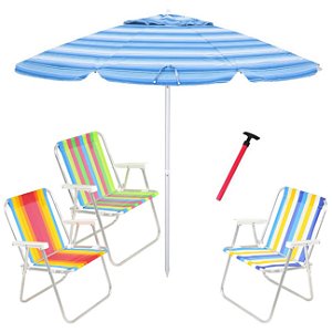 Kit Praia 3 Cadeira Alta Guarda Sol 2,4m Azul Saca Areia Pressão - Belfix