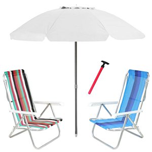 Kit Praia 2 Cadeira 8 Pos Alumínio Guarda Sol 2,4m Bagum Branco Saca Areia Pressão - Belfix