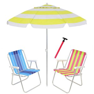 Kit Praia 2 Cadeira Alta Guarda Sol 2,4m Bagum Sortido Saca Areia Pressão - Belfix - Amarelo