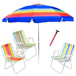 Kit Praia 3 Cadeira Alta Guarda Sol 2,4m Rainbow Saca Areia Pressão - Belfix - Sort3